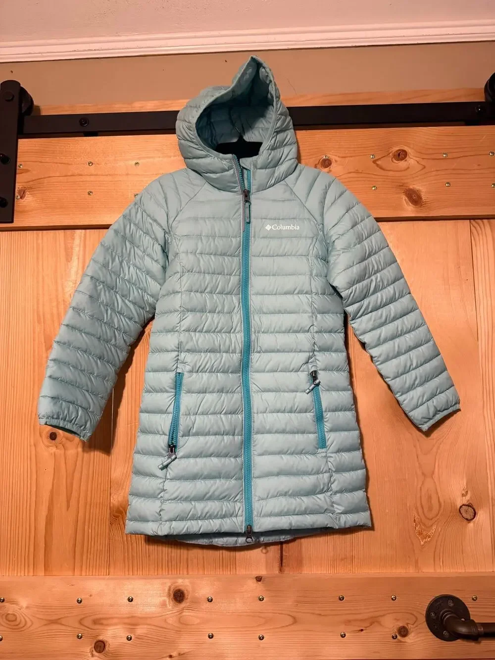 Columbia Puffer Parka Youth Girls Light Blue Omni Heat Hooded Jacket Coat Sz 7/8